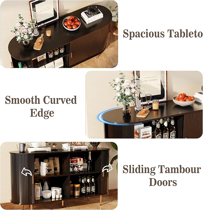 DHH Storage Cabinet, Fluted Sideboard Buffet Cabinet with Tambour Sliding Doors& Adjustable Shelf, Accent Coffee Bar Console Table for Kitchen, Living Room, Entryway (Black, 55 Inch)