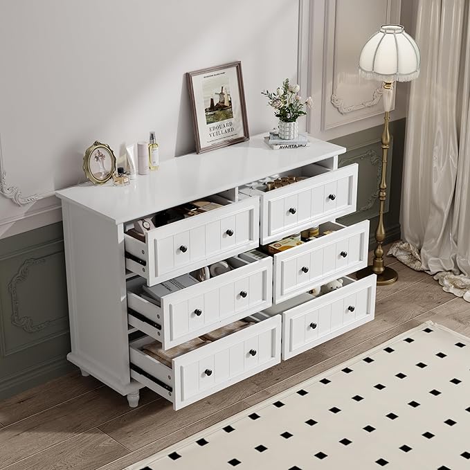 Scurrty Antique 6 Drawer Dresser, Modern Chest of Drawers, Large Cabinet with Storage, Big Dresser for Clothes in Living Room, Bedroom (White)