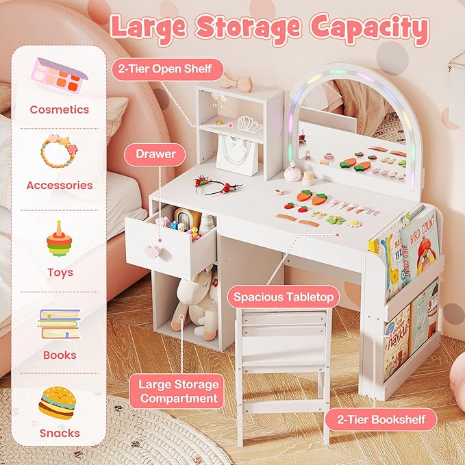Costzon Kids Vanity, Girls Vanity Set with Lighted Mirror, Bookshelf, Drawer, Storage Cabinet & Shelves, Toddler Makeup Vanity Desk Dressing Table, Wooden Kids Vanity Table and Chair Set (White)