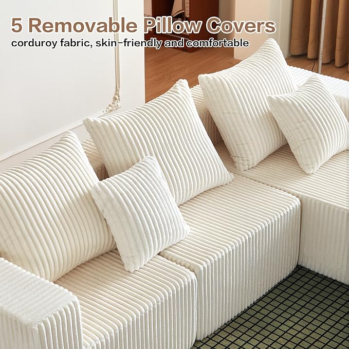 Cloud Couch Sectional, 101 Inch Modular Sectional Sofa with Deep Seat, Compressed Memory Foam Sofa in a Box, Beige Corduroy Boneless Couches for Living Room, No Assembly Required