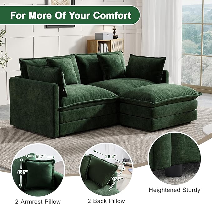 Modular Sectional Sofa, 76.7 Inch L-Shaped Cloud Sofa with Deep Seat Comfortable Chenille Sofa with Cushion Double Sectional Sofa for Living Room Apartment,Evergreen