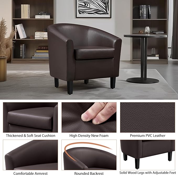Yaheetech PU Leather Accent Chairs, Modern Barrel Chairs Side Chairs, Comfy Club Chairs with Soft Padded, 2 Chairs for Living Room/Bedroom/Reading Room, Espresso, Set of 2