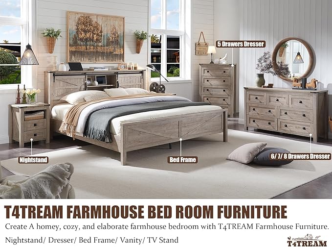 T4TREAM Nightstand with Charging Station, End Table, Side Table with 2 Drawers Storage Cabinet for Bedroom, Living Room, Farmhouse Design, Wood Rustic,Light Rustic Oak