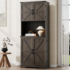 Cozy Castle 74" Farmhouse Pantry Cabinet with Charging Station, Tall Kitchen Storage Hutch Cabinet Coffee Bar Workstation, Sideboard Buffet Cupboard for Dining Room Living Room Furniture, Dark Brown