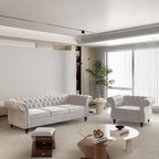 Chesterfield 3 Seater Sofa, Modern Velvet Tufted Couch 3 Seater with Rolled Arms and Nailhead Mid-Century Upholstered Couch for Living Room, Bedroom, Apartment and Office, Grey