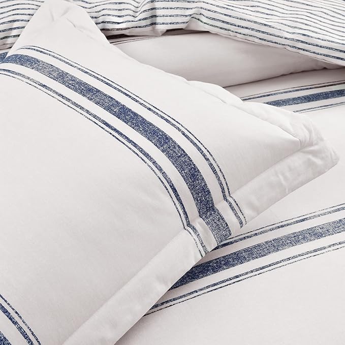 Lush Decor Farmhouse Stripe Reversible Cotton Comforter Set, 2-Piece, Twin XL Navy - Twin Bedding Set - Dorm Decor - Striped Comforter for Farmhouse Bedroom Decor