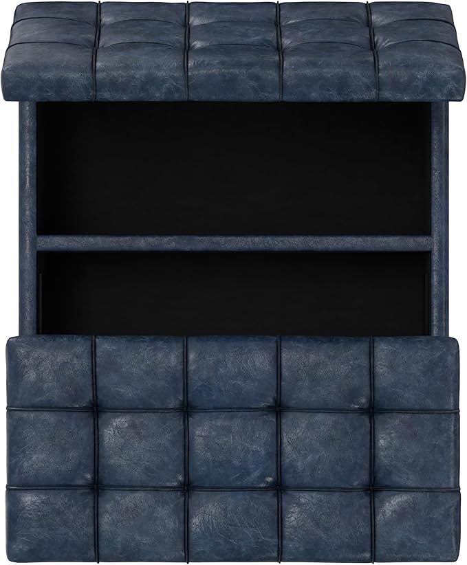SIMPLIHOME Harrison 30 inch Wide Transitional Square Small Coffee Table Storage Ottoman in Denim Blue Vegan Faux Leather, Assembled, for The Living Room and Bedroom