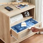 LEYAOYAO Rattan Night Stand with Charger Station, 23" Wide Boho Nightstand with 2 Drawers, Natural Wood Bedside Table Open Storage Cabinet, Bed Side End Tables Dresser for Bedroom, Living Room Hallway