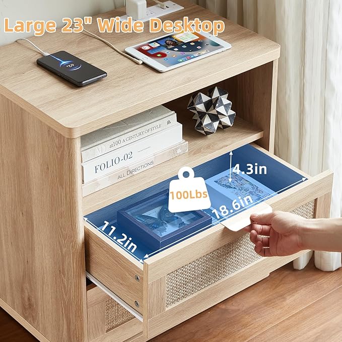 LEYAOYAO Rattan Night Stand with Charger Station, 23" Wide Boho Nightstand with 2 Drawers, Natural Wood Bedside Table Open Storage Cabinet, Bed Side End Tables Dresser for Bedroom, Living Room Hallway