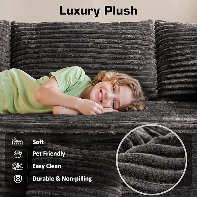 Weaxty Boneless Sectional Couch, Oversized U Shaped Modular Cloud Couches, Plush Corduroy Memory Foam Deep Seat Floor Sofa, No Assembly Required，Gray