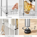 SONGMICS 5-Tier Storage Shelves, Wire Shelving Unit, Kitchen Metal Shelves, Storage Rack with Adjustable Shelves, Shelf Liners, 8 Hooks, for Garage, 11.8 x 15.7 x 47.6 Inches, Silver ULGR115E01