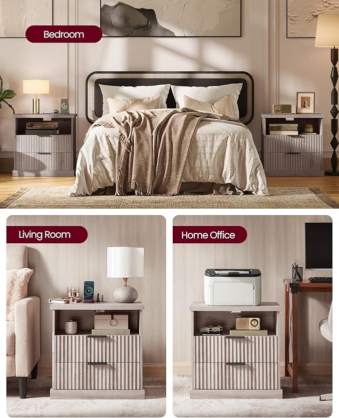 VASAGLE MAXE Collection - Nightstand with Charging Station, Fluted Night Stand, Bedside Table, Mid Century Modern Side End Table, 2 Drawers, 2 AC Outlets, 2 USB Ports, Washed Gray ULET626G01S