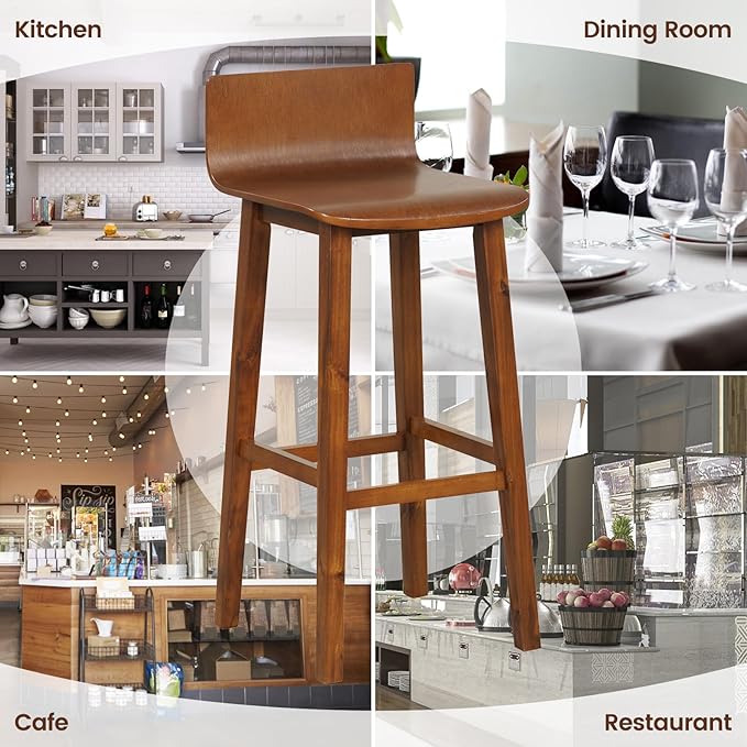 COSTWAY Solid Wood Bar Stools Set of 4, 29-inch Counter Height Chairs with Low Back and Footrest, Farmhouse Wooden Armless Barstools for Kitchen Island, Dining Room, Cafe, Breakfast, Brown