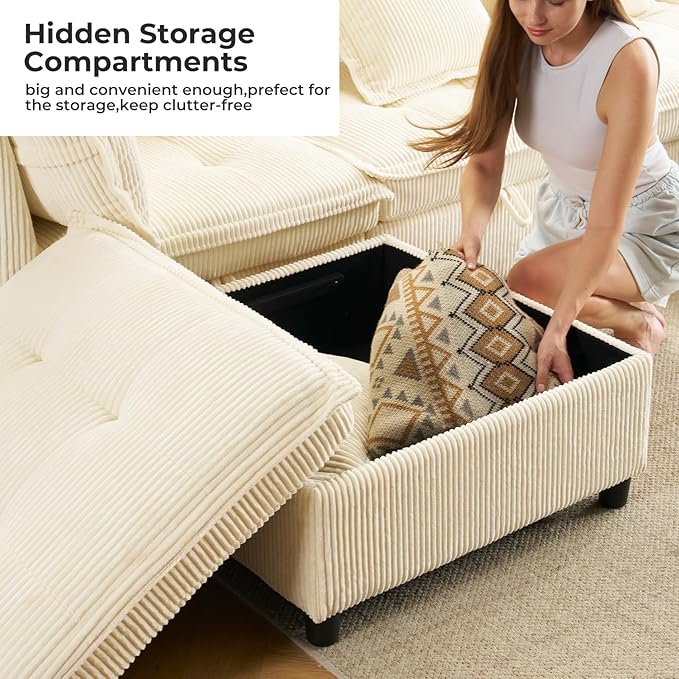 103" Modular Sectional Sofa, L-Shaped Corduroy Comfy Sectional Couches for Living Room, 3-Seater Cloud Couches with 1 Ottoman, Modern Deep Seat Sofa with Large Storage, Corduroy Beige