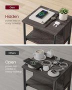 VASAGLE Side Table with Charging Station, 3-Tier End Table with USB Ports and Outlets, Nightstand for Living Room, Bedroom, 11.8 x 13.4 x 22.8 Inches, Plug-in Series, Chestnut Brown and Black