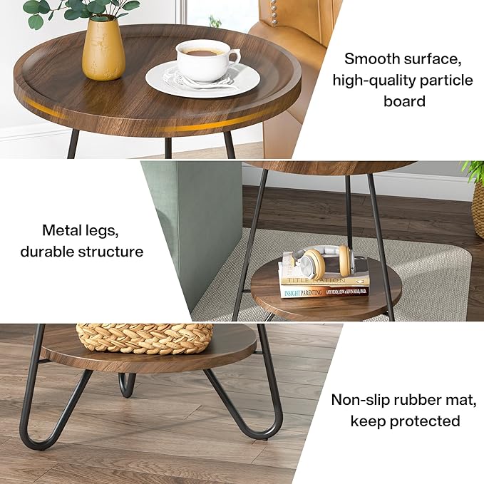 Tribesigns Round Side Table, 2-Tier End Table with Metal Legs, Modern Industrial Beside Table, Small Accent Table Snack Table for Living Room, Bedroom, Small Space, Easy Assembly, Brown