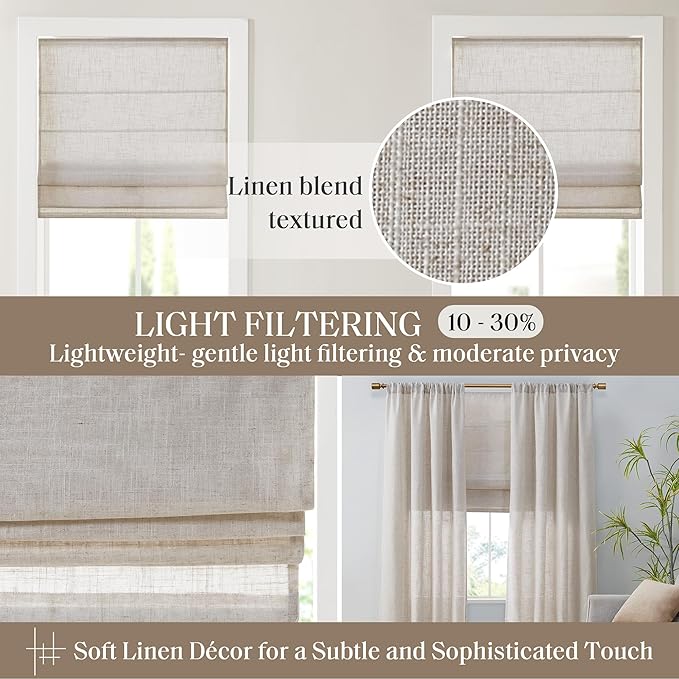 Madison Park Kyler Cordless Roman Shades - Single Panel, Lightweight Linen Blend Fabric, Natural Design, Easy Installation, Light Filtering Window Blind, Bedroom, Living Room Decor 27"W x 64"H Natural