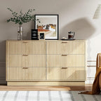 Fluted 6 Drawer Dresser for Bedroom, Mid Century Modern Wide Wood Dressers with Round Edge Design, Shallow Dresser Chest, Chests of Drawers for Bedroom, Living Room, Natural Oak