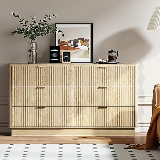 Fluted 6 Drawer Dresser for Bedroom, Mid Century Modern Wide Wood Dressers with Round Edge Design, Shallow Dresser Chest, Chests of Drawers for Bedroom, Living Room, Natural Oak