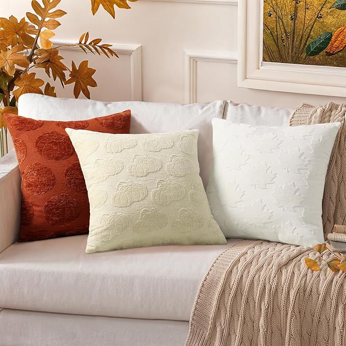 decorUhome Decorative Two Beige Pumpkins Thanksgiving Throw Pillow Covers 18x18 Set of 2, Soft Chenille Jacquard Farmhouse Textured Pillow Covers for Couch Bed Sofa Autumn Harvest Halloween Holiday