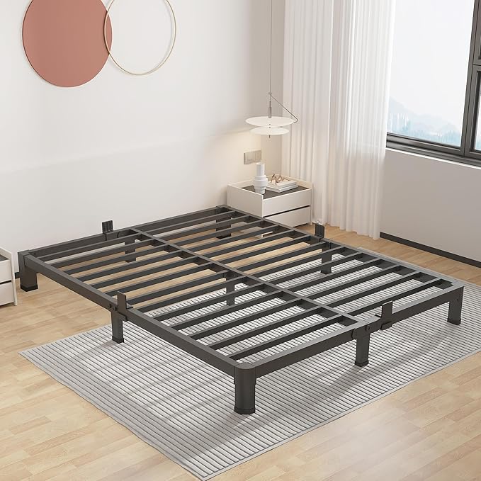 ROIL 4 inch King Size Bed Frame Metal Platform No Box Spring Needed with Round Corner Legs Mattress Stoppers Retainers 3500LBS Heavy Duty Steel Slats Noise-Free