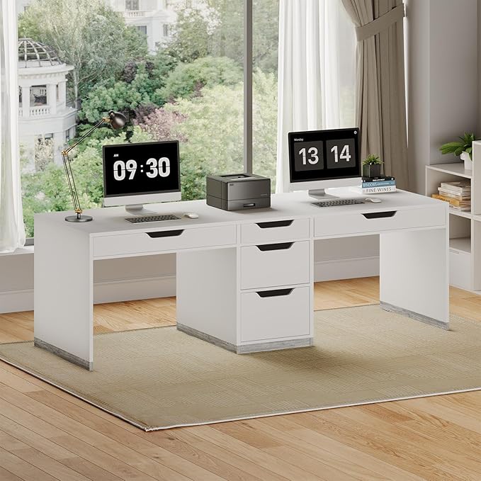 Two Person Desk with 5 Drawers, Double Desk with Storage for 2 People, 78 Inch Extra Long Computer Desk Workstation with File Drawer for Home Office, White