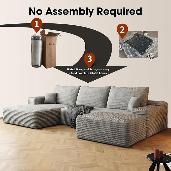 107.5" Compressed Boneless Couch with Ottoman, 2 Seater Large U Shaped Sectional Couches for Living Room, Grey Corduroy Cloud Modular Sectional Sofa, Memory Foam, No Assembly，Light Facing Chaise