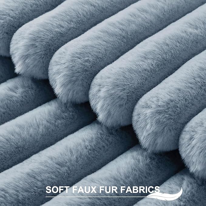 Pallene Faux Fur Plush Throw Pillow Covers 24x24 Set of 2, Luxury Soft Fluffy Striped Decorative Pillow Covers for Sofa, Couch, Living Room, Blue Grey