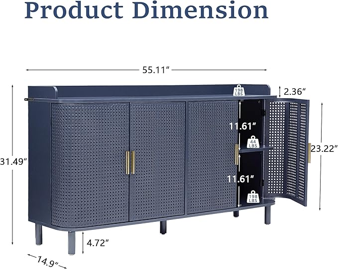 ORRD 4 Doors Storage Cabinet, 2 Tier Wooden Storage Organizer Cabinet with Adjustable Shelf, Sideboard Buffet Cabinets with Iron Curved Doors Accent Shoe Rack for Entryway Hallway Living Room (Blue)