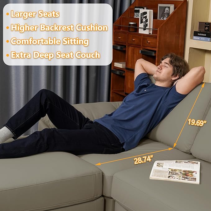 EASE MOOSE Modular Sectional Sofa, Oversized Faux Leather Sectional with Ottoman, Wide Deep Modular Couch, Scratch Resistant Faux Leather Material, U Shaped Couch for Big Spaces, Light Grey