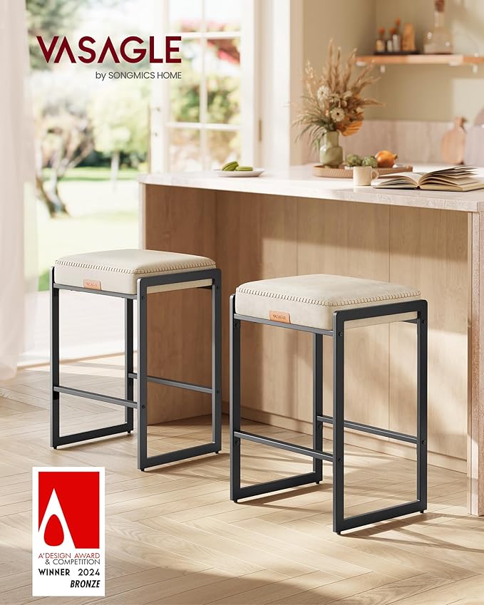 VASAGLE EKHO Collection - Bar Stools Set of 2, Counter Height Bar Stools, Synthetic Leather with Stitching, Mid-Century Modern Counter Stools, 26-Inch Tall, Kichen Home Bar Dining Room, Cream White
