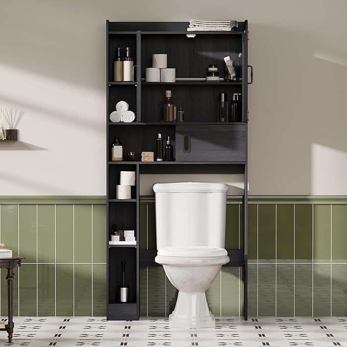 ChooChoo Over The Toilet Storage Cabinet, Farmhouse Bathroom Storage Cabinet with Sliding Door, Over Toilet Storage with Adjustable Shelves, Space-Saving, Black