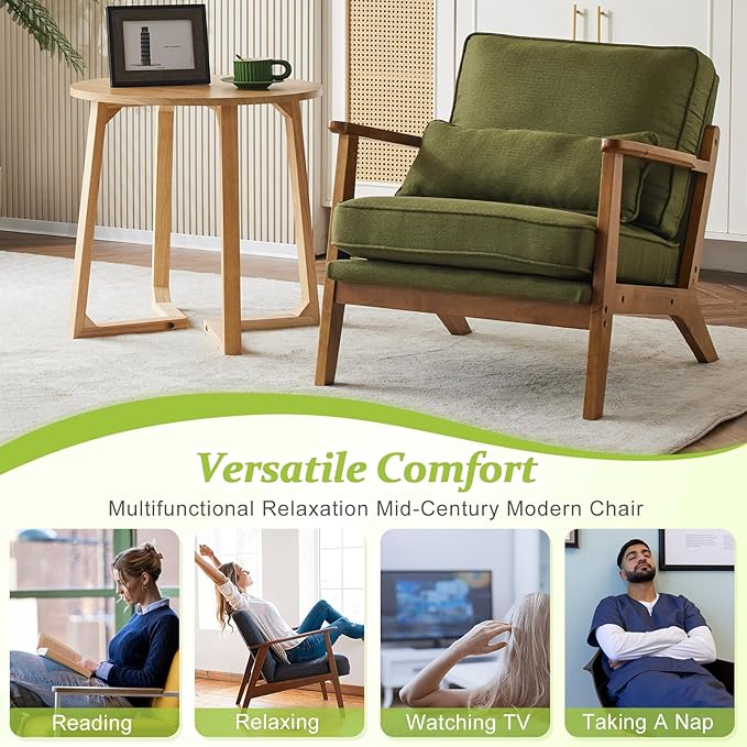 VINGLI Solid Wood Wide Armrests Accent Chair,Upholstered Mid Century Modern Chair with Pillow,Comfy Reading Chair Farmhouse Arm Chair,Chairs Living Room,Bedroom,Guest Room,Linen Fabric,Dark Green
