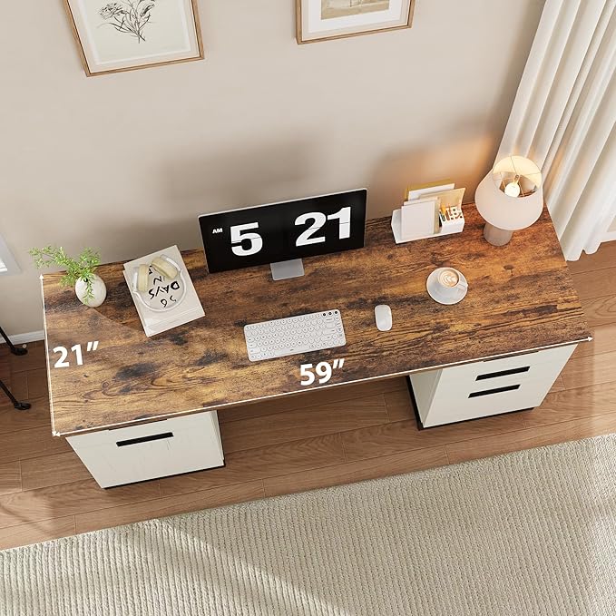 IDEALHOUSE Farmhouse Executive Desk, 59" Computer Desk, White Home Office Desks with File Drawer and Storage Cabinet, Wood Writing Desks for Home Office, Bedroom, White+Vintage