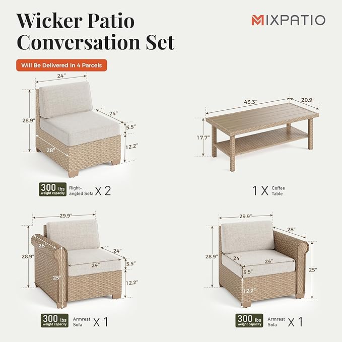 Patio Furniture Set, 5 Piece Outdoor Rattan Wicker Sectional Sofa Couch Conversation Set with 5.5" Thick Waterproof Cushions and Coffee Table for Deck Backyard