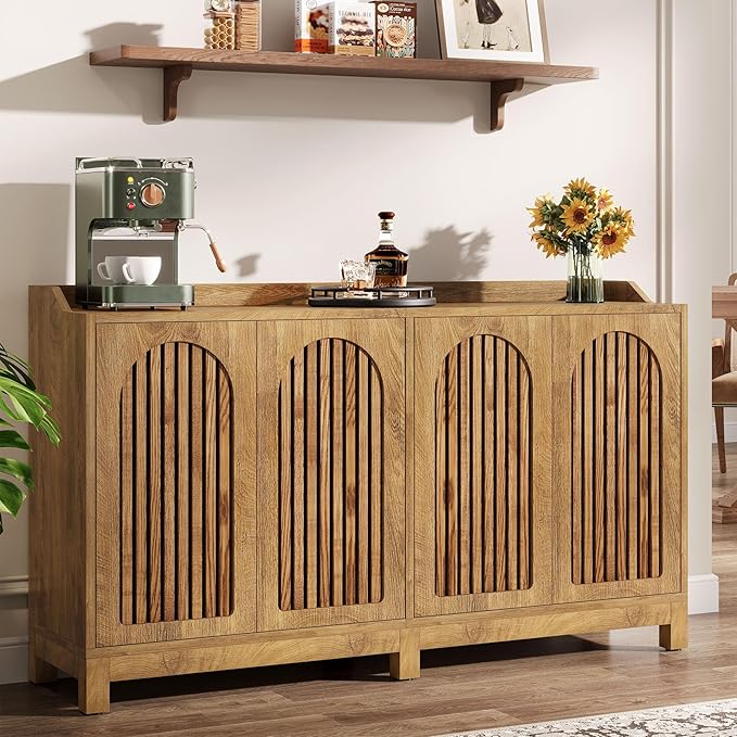 Tribesigns 57" Buffet Cabinet with Storage, Long Sideboard Cabinet with Doors & Adjustable Shelves, Wood Accent Sideboard for Dining Room, Living Room, Kitchen, Light Walnut Brown
