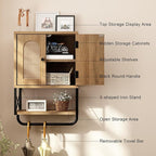 RUSTOWN Rattan Bathroom Wall Cabinet, Boho Over The Toilet Storage Cabinet with Arched Rattan Doors, Modern Medicine Cabinet with Adjustable Shelves & Towel Bar, Bathroom Organizer(Rustic Oak, Small)