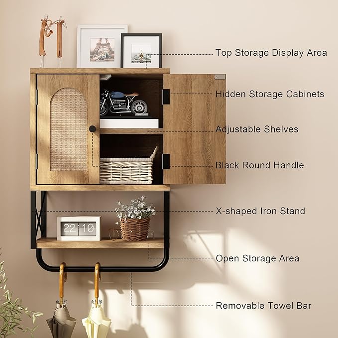 RUSTOWN Rattan Bathroom Wall Cabinet, Boho Over The Toilet Storage Cabinet with Arched Rattan Doors, Modern Medicine Cabinet with Adjustable Shelves & Towel Bar, Bathroom Organizer(Rustic Oak, Small)