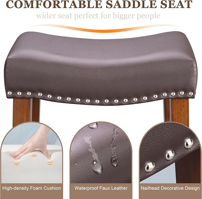 PrimeZone Counter Height Bar Stools Set of 8 - Backless Saddle Barstools with 4.3" Thick Upholstered, Nailhead Trim Faux Leather & Solid Wood Legs, 26 Inch Counter Stools for Kitchen Island, Brown
