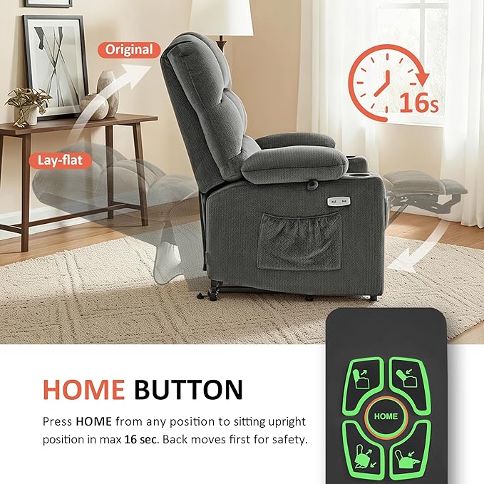 MCombo Dual Motor Power Lift Recliner Chair with Massage and Heat for Elderly People, Infinite Position, USB Ports, Cup Holders, Fabric 7679 (Medium, Grey)