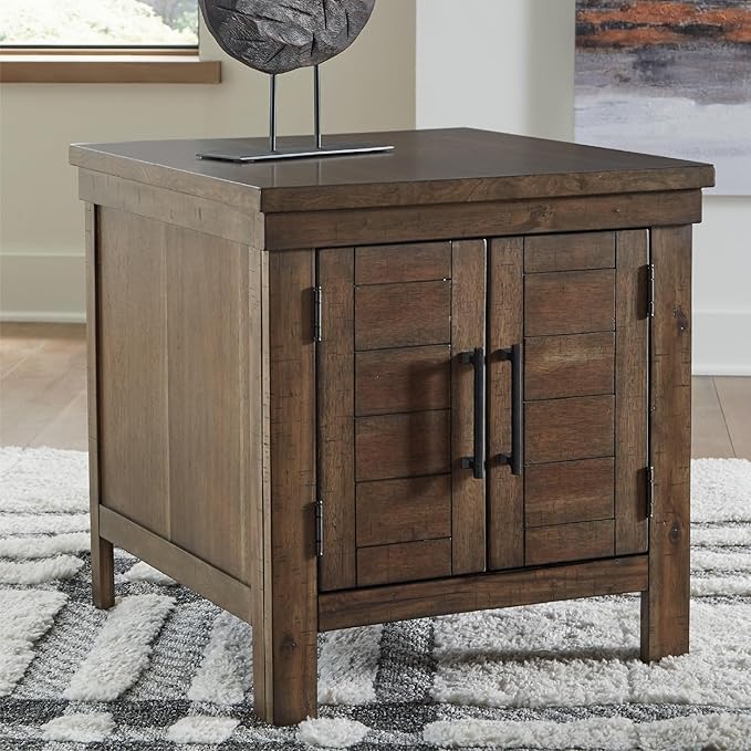 Signature Design by Ashley Moriville Rustic Farmhouse Rectangular End Table with Dual Cabinet Doors, Antique Bronze-Tone Hardware, Wood, 25" High, Brown