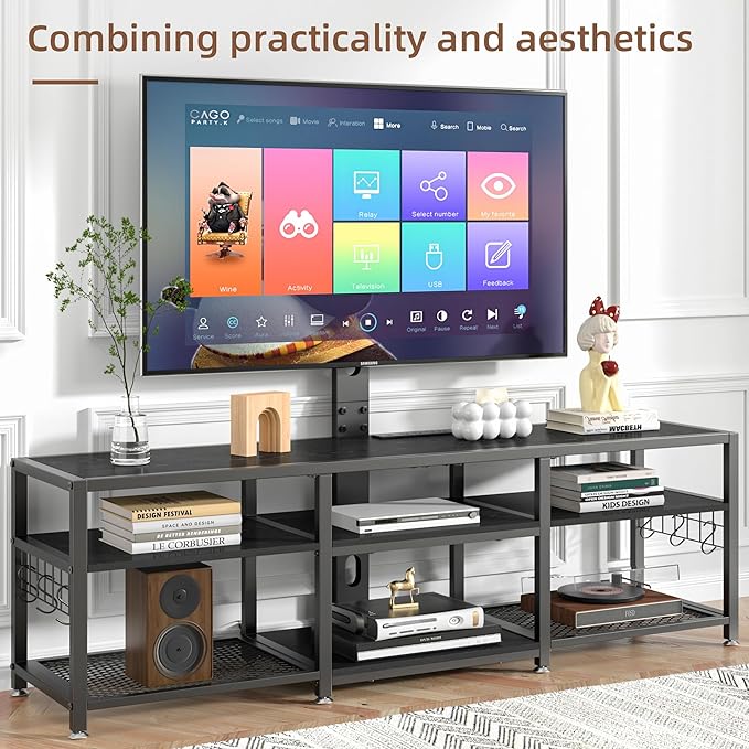 VECELO 63" TV Stand with Mount and Power Outlets, Entertainment Center Console with Open Storage Shelves, Height Adjustable Mount up to 75”, Wooden Table and Metal Frame for Living Room, Modern Black