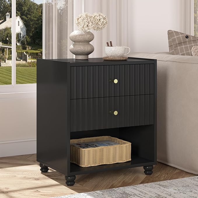Modern Nightstand, Fluted End Table with 2 Drawers, Nightstand with Open Shelf for Bedroom (1, Black)