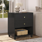 Modern Nightstand, Fluted End Table with 2 Drawers, Nightstand with Open Shelf for Bedroom (1, Black)