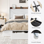 SHA CERLIN King Size Bed Frame with 3 Drawers, USB & Type-C Charging Ports, Velvet Upholstered Platform Bed with Modern Geometric Wingback Storage Headboard, No Box Spring Needed, Easy Assembly, White