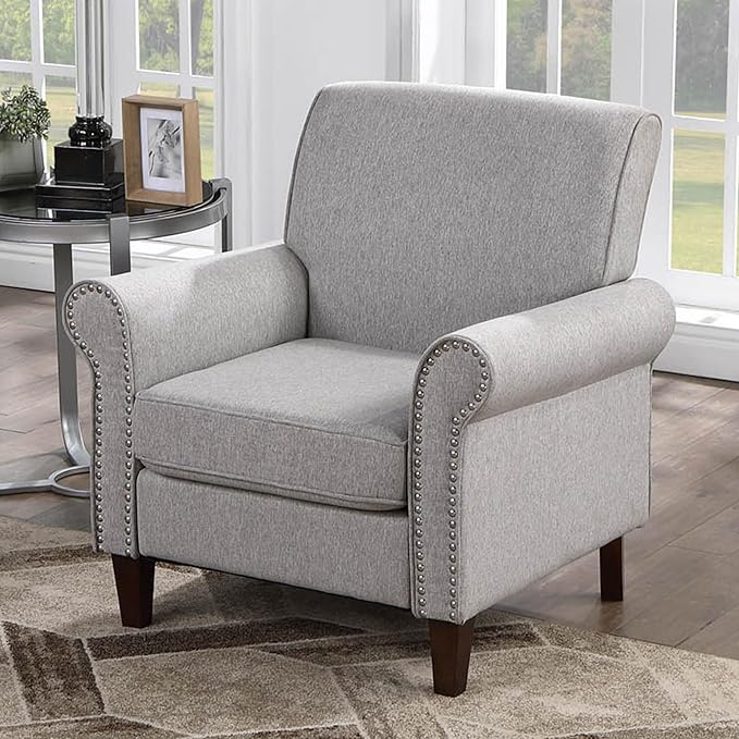 Prilinex Upholstered Living Room Chair Set of 3 - Large Comfy Fabric Accent Chair Single Sofa with Cushion, Rolled Armrest & Nailhead Trim, Mid Century Modern Armchair for Bedroom, Office, Grey