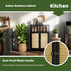 Bamboo Floor Rattan Cabinet, Bathroom Storage Organizer Rack with 2 Doors and 1 Shelf, Space Saving Wood Kitchen Cupboard, Hallway Side Table, Living Room Freestanding Stand (Black)