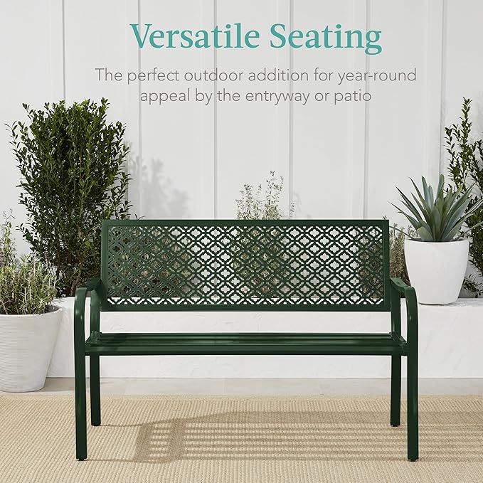 Best Choice Products Outdoor Bench 2-Person Metal Steel Benches Furniture for Garden, Patio, Porch, Entryway w/Geometric Backrest, 790lb Capacity - Dark Green