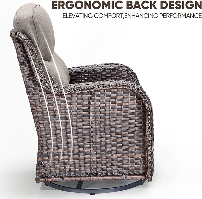 Swivel Patio Chairs Set of 3 with 6" Thick Cushion - Wicker Outdoor Swivel Rocker Patio Chairs with Side Table, High Back Comfortable Outdoor Glider Chairs - Brown Wicker | Grey Cushions
