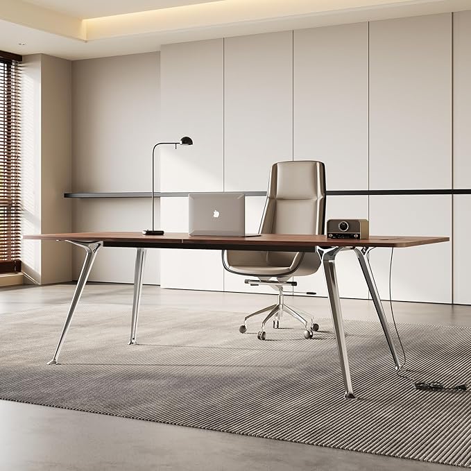 Writing Computer Desk, 60-Inch Large Executive Desk Office Workstation with Chrome-Plated Legs and Built-in Power Outlet, Writing Table Business Furniture, Modern Minimalist Style for Home Office